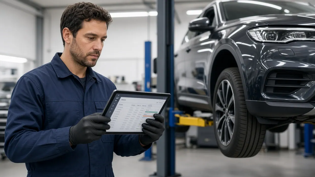 Technician using Bizora Auto job cards on a tablet in a dealership workshop