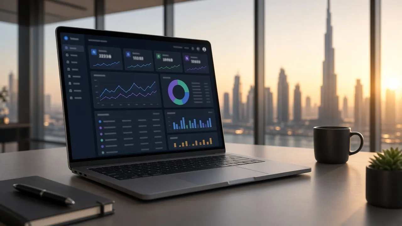 Bizora ERP dashboard on a laptop in a modern operations office