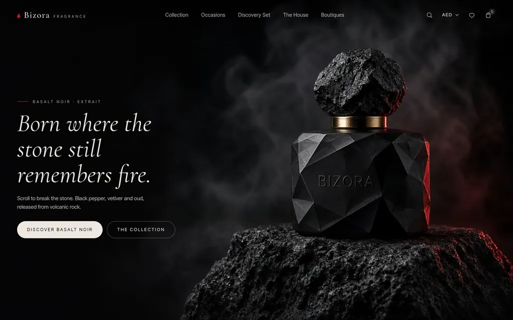 Bizora Fragrance: A Bizora showcase build: a perfume house with scroll-driven bottle reveals