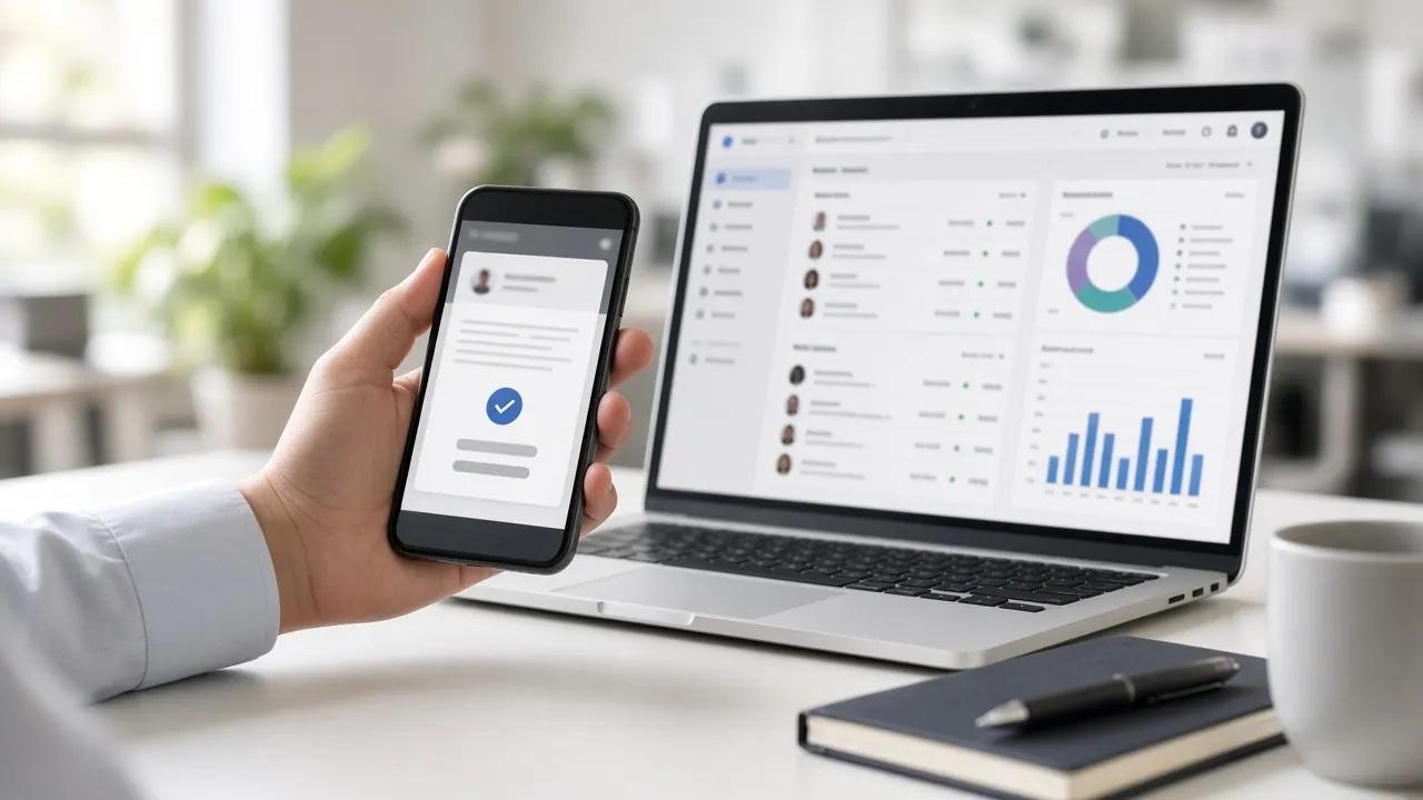 Employee checking in with Bizora People on a phone, HR dashboard on a laptop