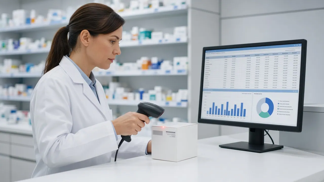 Pharmacist scanning stock with the Bizora Pharmacy batch and expiry dashboard