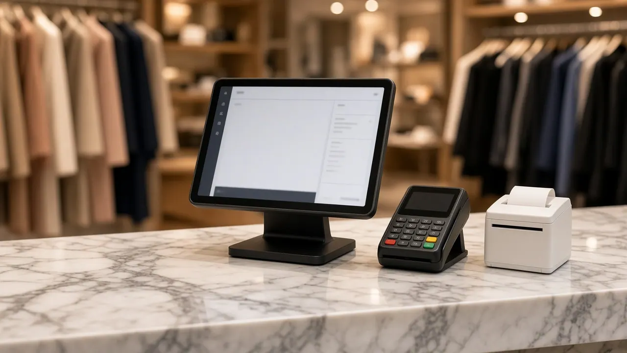 Bizora POS tablet checkout with a card terminal at a boutique counter