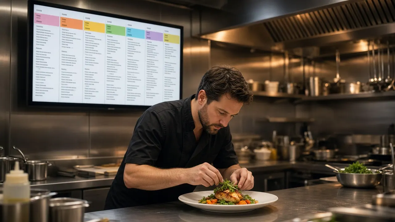 Bizora Restaurant kitchen display above a chef plating orders