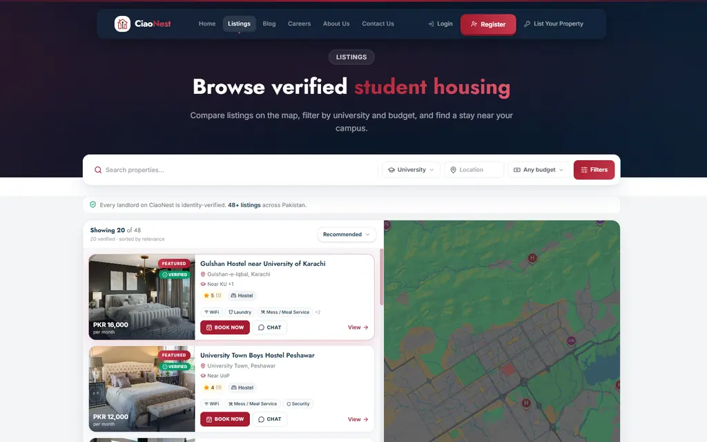 CiaoNest Student Housing Platform: A student housing platform for Pakistan: a public site where students search rooms near their university