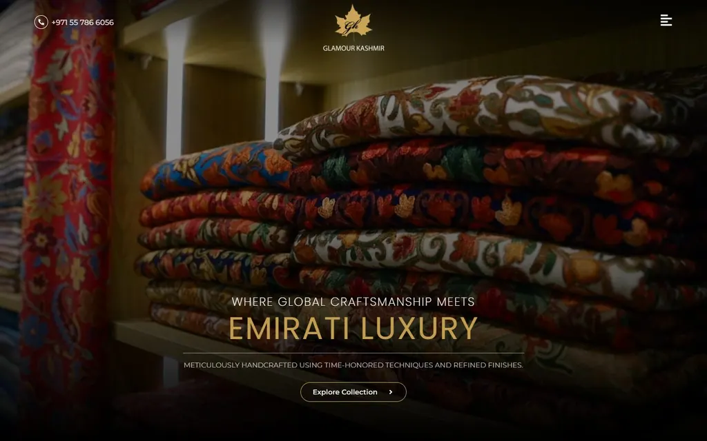 Glamour Kashmir Website: A storefront for a UAE handicraft house selling handmade clothing