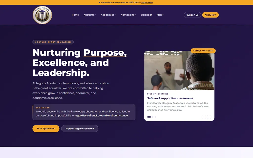 Legacy Academy International Website: A school website with an admissions workflow